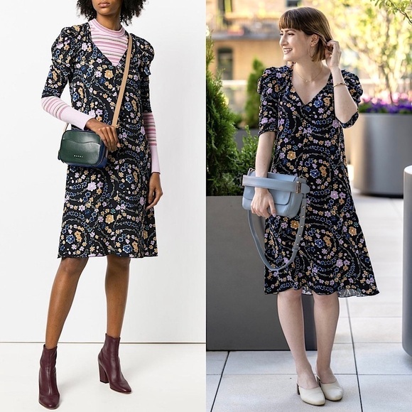 SEE BY CHLOE Floral Swirl Print Crepe Ruched Short Sleeve V-Neck Shift Dress M - Picture 1 of 9